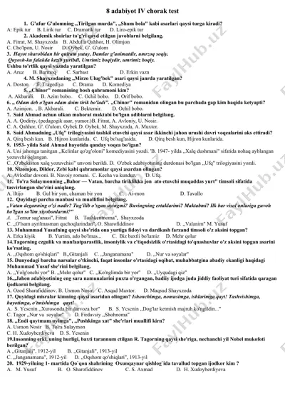 8 adabiyot iv chorak test — DOCX
