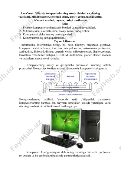 shaxsiy kompyuterlarning asosiy bloklari va ulaning vazifalari — DOCX