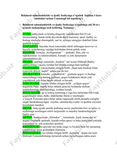 bolalarni sahnalashtirish va ijodiy faoliyatga o’rgatish fanidan 1-kurs talabalari uchun 2-mustaqil ish topshirig'i — DOCX