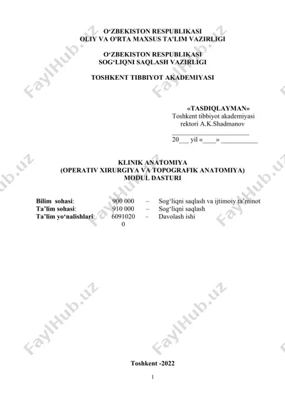 klinik anatomiya (operativ xirurgiya va topografik anatomiya) modul dasturi — DOCX