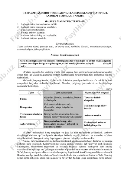 axborot tizimlari va ularning klassifikatsiyasi — DOCX