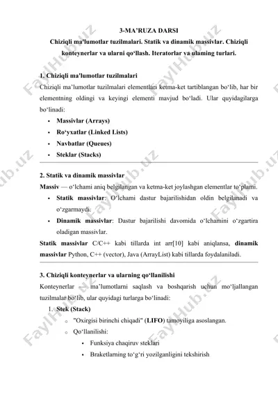 ma’ruza darsi - chiziqli ma'lumotlar tuzilmalari — DOCX