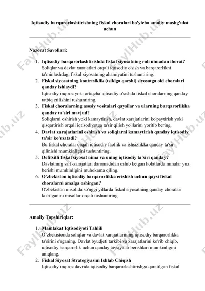 iqtisodiy barqarorlashtirishning fiskal choralari bo'yicha amaliy mashg'ulot uchun — DOCX