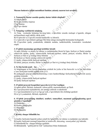 maxsus fanlarni o‘qitish metodikasi fanidan yakuniy nazorat test savollari — DOCX