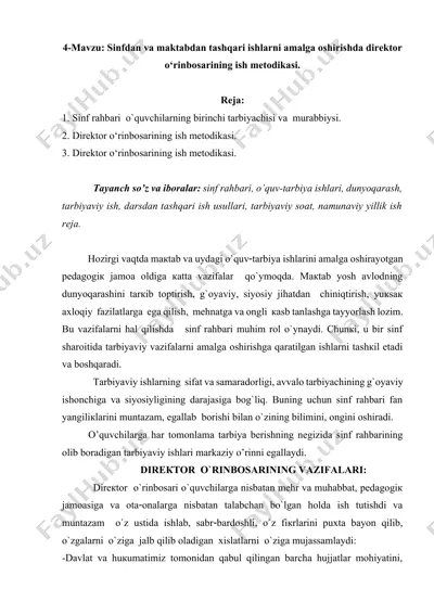 sinfdan va maktabdan tashqari ishlarni amalga oshirishda direktor o‘rinbosarining ish metodikasi — DOCX