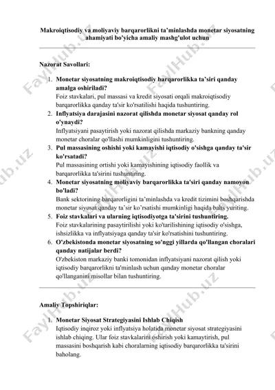 monetar siyosatning makroiqtisodiy va moliyaviy barqarorlikni ta’minlash — DOCX