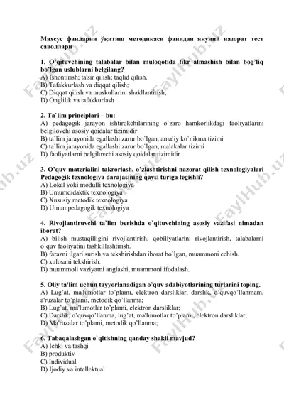 mahsus fanlarni o'qitish metodikasi fanidan yakuniy nazorat test savollari — DOCX