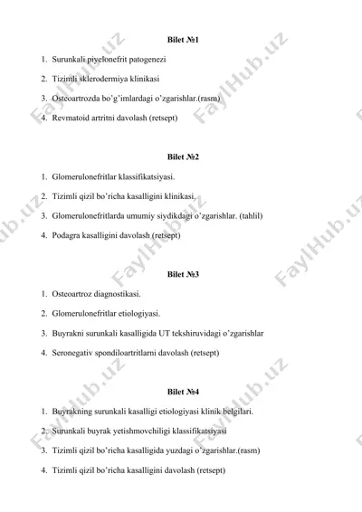 surunkali piyelonefrit patogenezi, tizimli sklerodermiya klinikasi, osteoartrozda bo’g’imlardagi o’zgarishlar (rasm), revmatoid artritni davolash (retsept) — DOCX