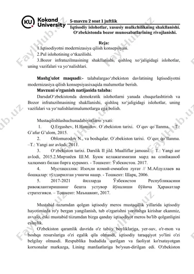 iqtisodiy islohotlar, xususiy mulkchilikning shakllanishi. o‘zbekistonda bozor munosabatlarining rivojlanishi. — DOCX