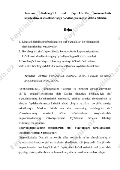 boshlang‘ich sinf o‘quvchilarida kommunikativ kopetentsiyani shakllantirishga qo‘yiladigan lingvodidaktik talablar — DOCX