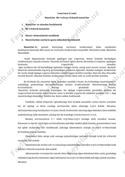 massivlar. bir va ko’p o’lchamli massivlar — DOCX