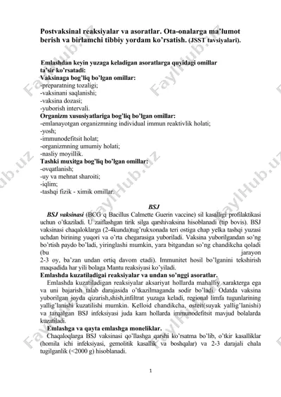 postvaksinal reaksiyalar va asoratlar. ota-onalarga ma’lumot berish va birlamchi tibbiy yordam ko’rsatish. (jsst tavsiyalari) — DOCX