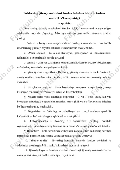 bolalarning ijtimoiy moslashuvi fanidan bakalavr talabalari uchun mustaqil ta’lim topshirig‘i — DOCX