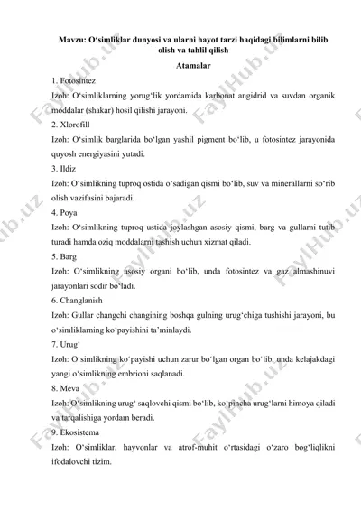 o‘simliklar dunyosi va ularni hayot tarzi haqidagi bilimlarni bilib olish va tahlil qilish — DOCX