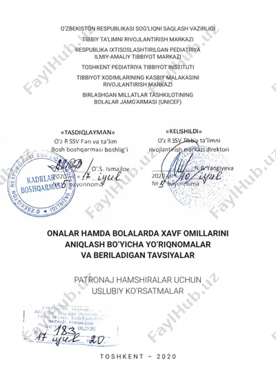 onalar hamda bolalarda xavf omillarini aniqlash bo‘yicha yo‘riqnomalar va beriladigan tavsiyalar — PDF