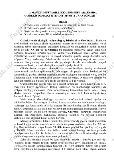 o‘zbekistonda ekologik vaziyat va orol foʻjiasi — DOCX