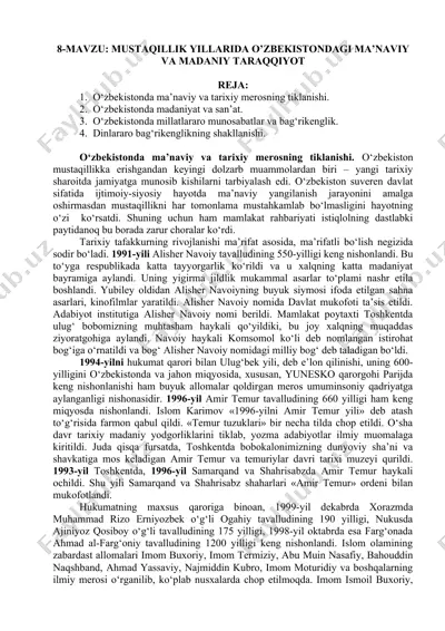 o‘zbekistonda mustaqillik yillarida ma’naviy va madaniy taraggiyot — DOCX