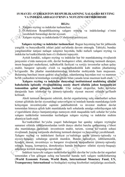 o’zbekiston respublikasining xalqaro reyting va indеkslаrdаgi o’rnivа nufuzini оrtibbоrishi — DOCX