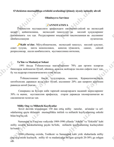 o'zbekiston mustaqillikga erishishi arafasidagi ijtimoiy siyosiy iqtisodiy ahvoli — DOCX