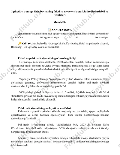 iqtisodiy siyosatga kirish. davlatning fiskal va pul-kredit siyosati. iqtisodiydastlabki va vositalari — DOCX