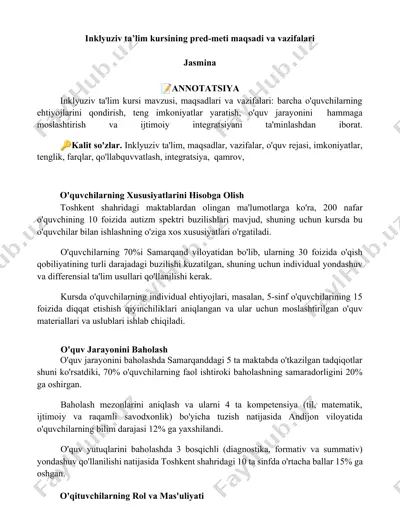 inklyuziv ta'lim kursining predmeti, maqsadi va vazifalari — DOCX