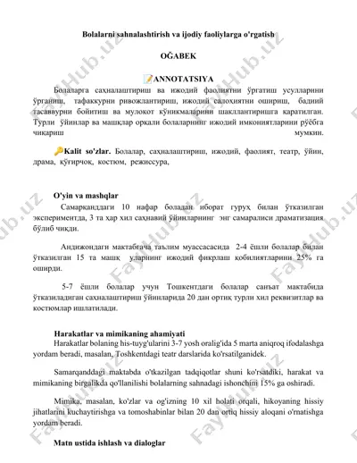 bolalarni sahnalashtirish va ijodiy faoliylarga o'rgatish — DOCX