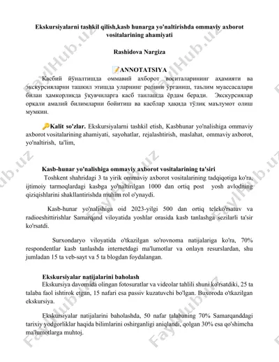 ekskursiyalarni tashkil qilish, kasb hunarga yo'naltirishda ommaviy axborot  vositalarining ahamiyati — DOCX