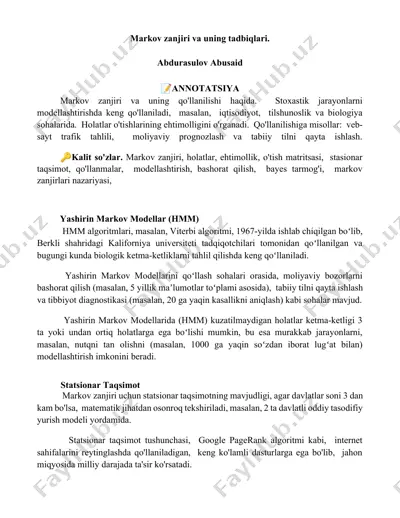 markov zanjiri va uning tadbiqlari — DOCX