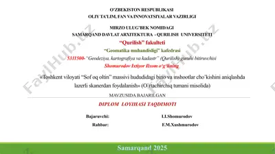 "toshkent viloyati “sof oq oltin” massivi hududidagi bino va inshootlar cho’kishini aniqlashda lazerli skanerdan foydalanish" — PPTX