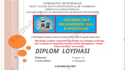 diplom loyihasi "masofadan zondlash materiallari yordamida sug’oriladigan yerlarning sifat va miqdor ko’rsatgichlari hisobini yuritish (qashqadaryo viloyati nishon misolida)" — PPTX