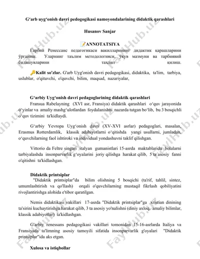 gʻarb uygʻonish davri pedogogikasi namoyondalarining didaktik qarashlari — DOCX