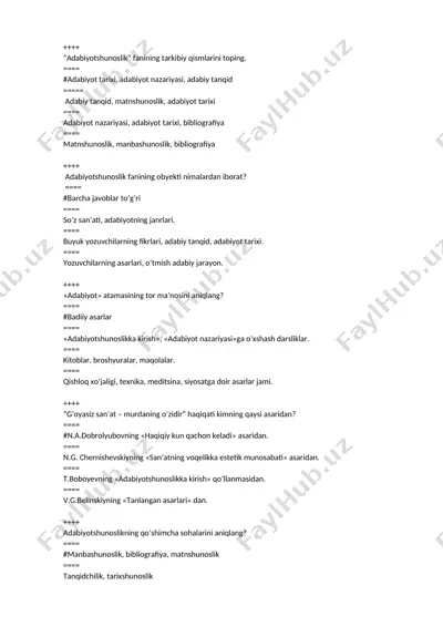 adabiyotshunoslik yn testlar — DOCX