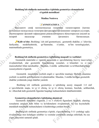 boshlang'ich sinflarda matematika o'qitishda geometriya elementlarini o'rgatish metodikasi — DOCX
