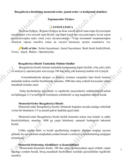 buxgalteriya hisobining memorial-order, jumal-order va boshjumal shakllari — DOCX
