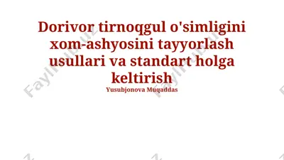 dorivor tirnoqgul o'simligini xom-ashyosini tayyorlash usullari va standart holga keltirish — PPTX
