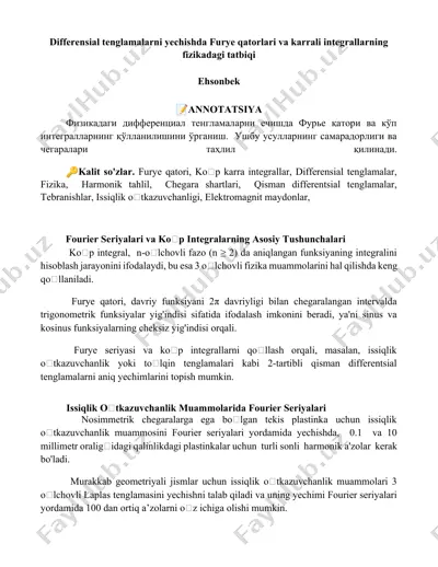 differensial tenglamalarni yechishda furye qatorlari va karrali integrallarning fizikadagi tatbiqi — DOCX