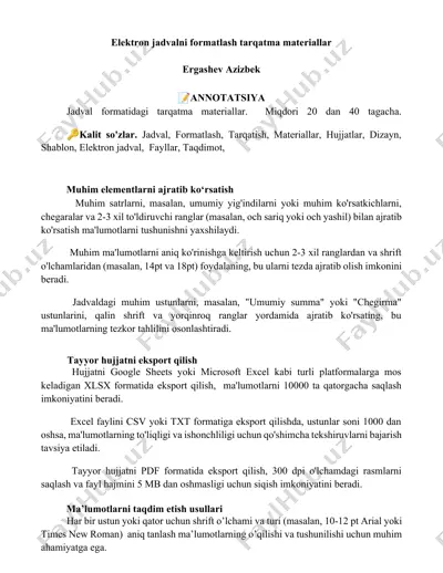 elektron jadvalni formatlash tarqatma materiallar — DOCX