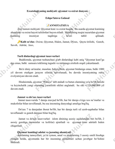 esxatologiyaning mohiyati: qiyomat va oxirat dunyosi — DOCX