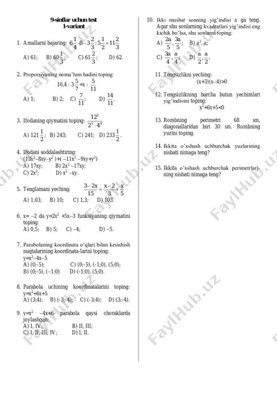 9-sinflar uchun test 1-variant — PDF