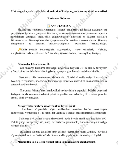 maktabgacha yoshdagi bolalarni maktab ta'limiga tayyorlashning shakl va usullari — DOCX