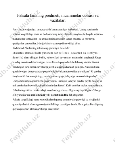 falsafa fanining predmeti, muammolar doirasi va vazifalari — DOC