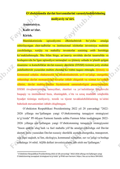 o‘zbekistonda davlat korxonalarini xususiylashtirishning moliyaviy ta’siri — DOCX