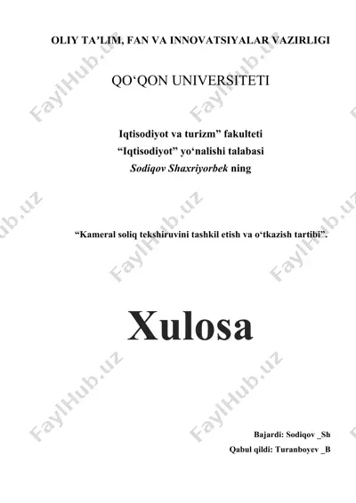 kameral soliq tekshiruvini tashkil etish va o‘tkazish tartibi — DOCX