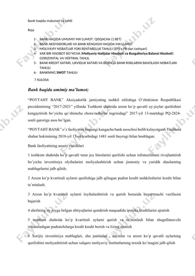 bank haqida malumot va tahlil — DOCX