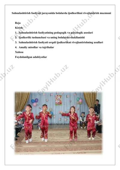 sahnalashtirish faoliyati jarayonida bolalarda ijodkorlikni rivojlantirish mazmuni — DOCX