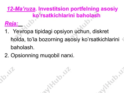 investitsion portfelning asosiy ko’rsatkichlarini baholash — PPT