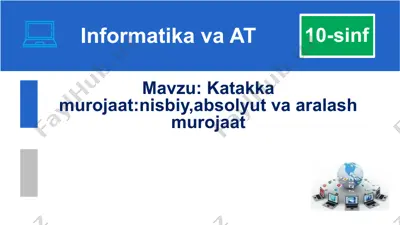 microsoft excel 2010 elektron jadvallari yordamida arifmetik amallardan tashqari kataklarga turlicha murojaat qilish orqali amaliy masalalarni mazmunan sifatli yechish mumkin — PPTX