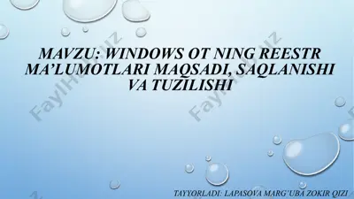 windows ot ning reestr ma’lumotlari maqsadi, saqlanishi va tuzilishi — PPTX