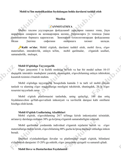 mobil ta’lim metodikasidan foydalangan holda darslarni tashkil etish — DOCX