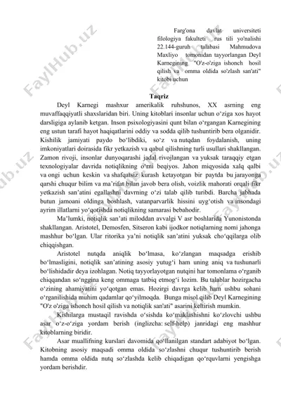deyl karnegi taqriz  "o'z-o'ziga ishonch hosil qilish va omma oldida so'zlash san'ati" kitobi — DOCX